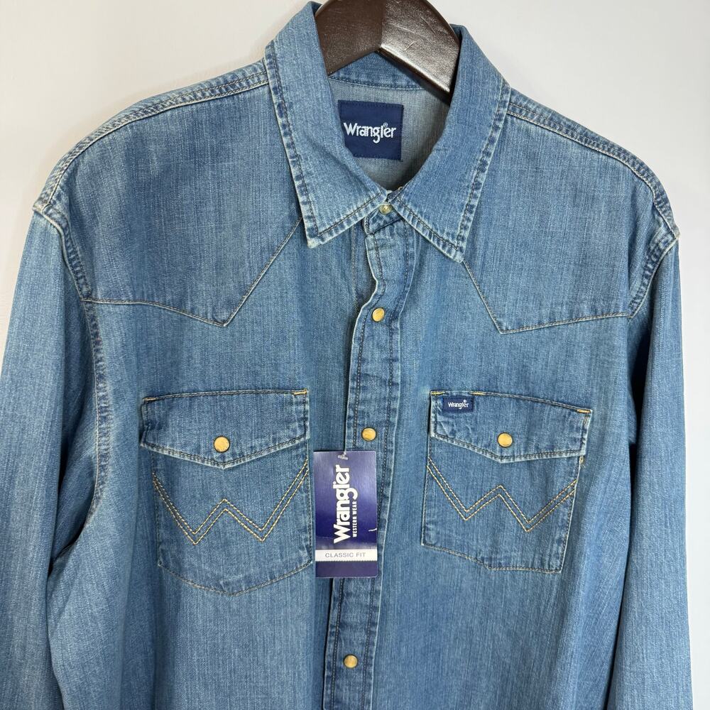 Wrangler Men's Classic Denim Western Snap Denim Shirt Mid Wash Rodeo Rancho XL - Picture 6 of 14